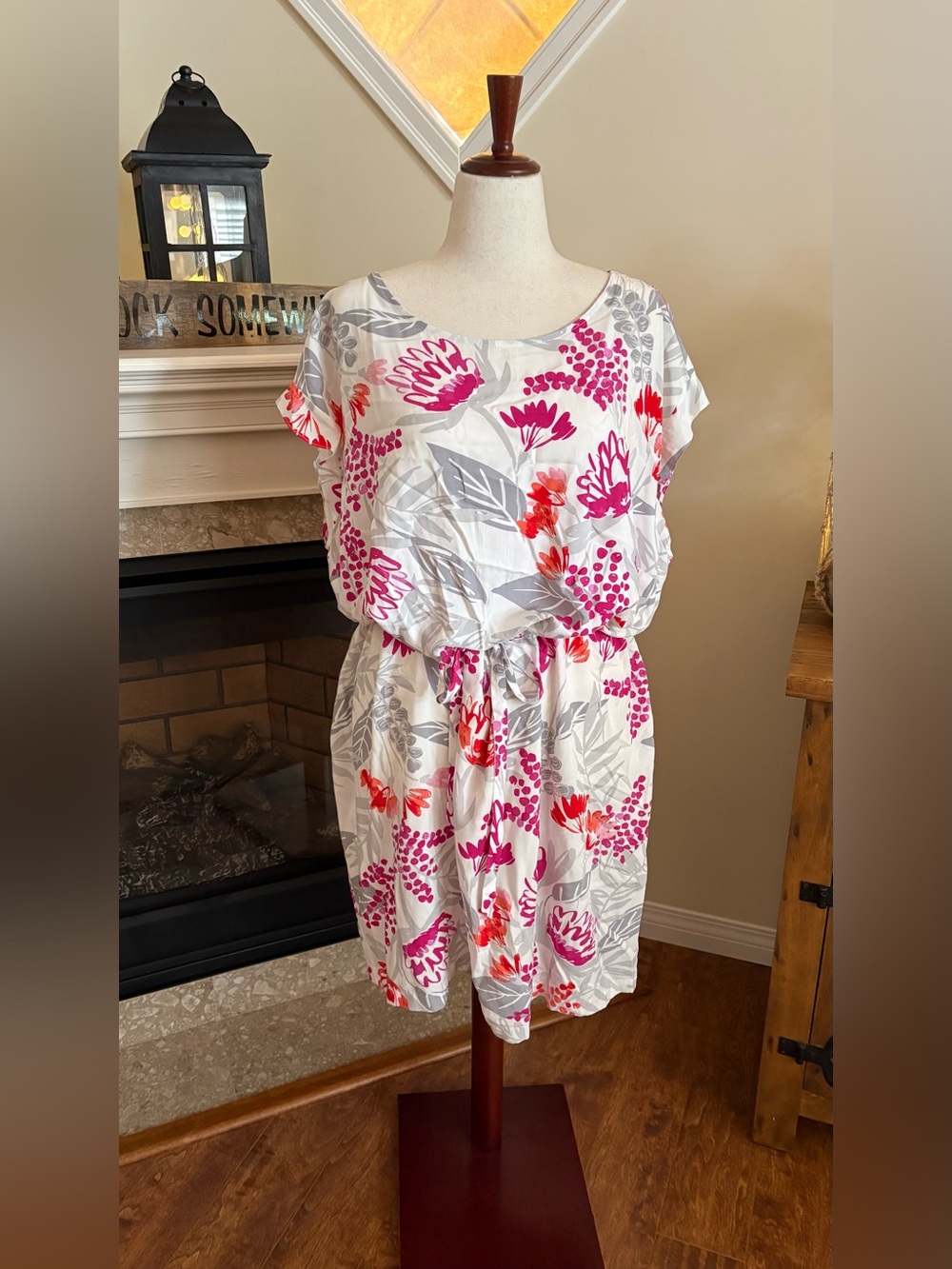 Old Navy Floral White Blouson Dress with Pink & Coral Print